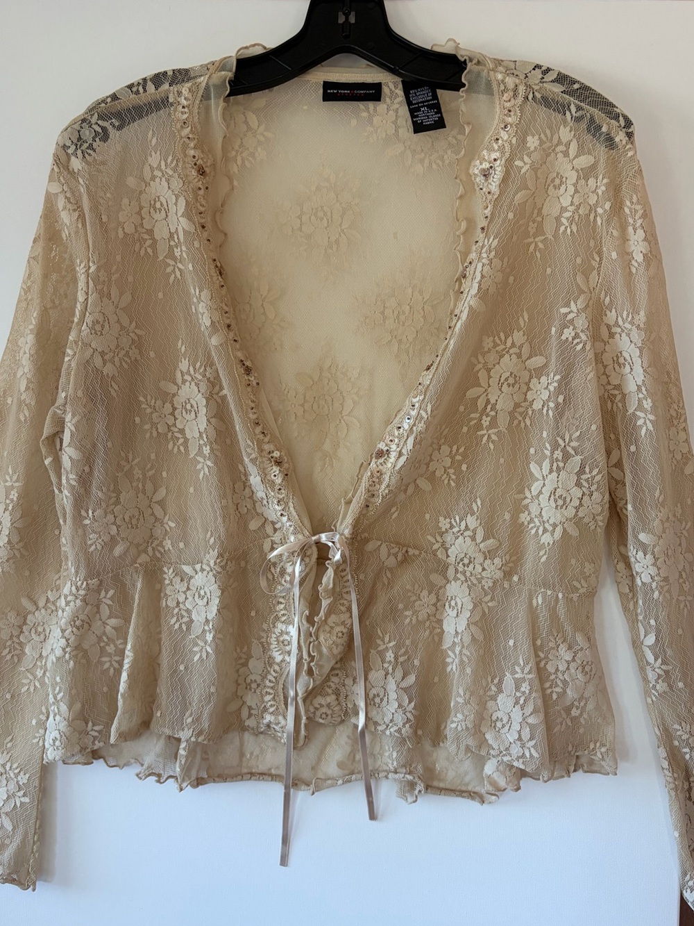 Vintage INC Sheer Lace Tie Front Cardigan XL Golden Cream Rose Sequin Ruffle